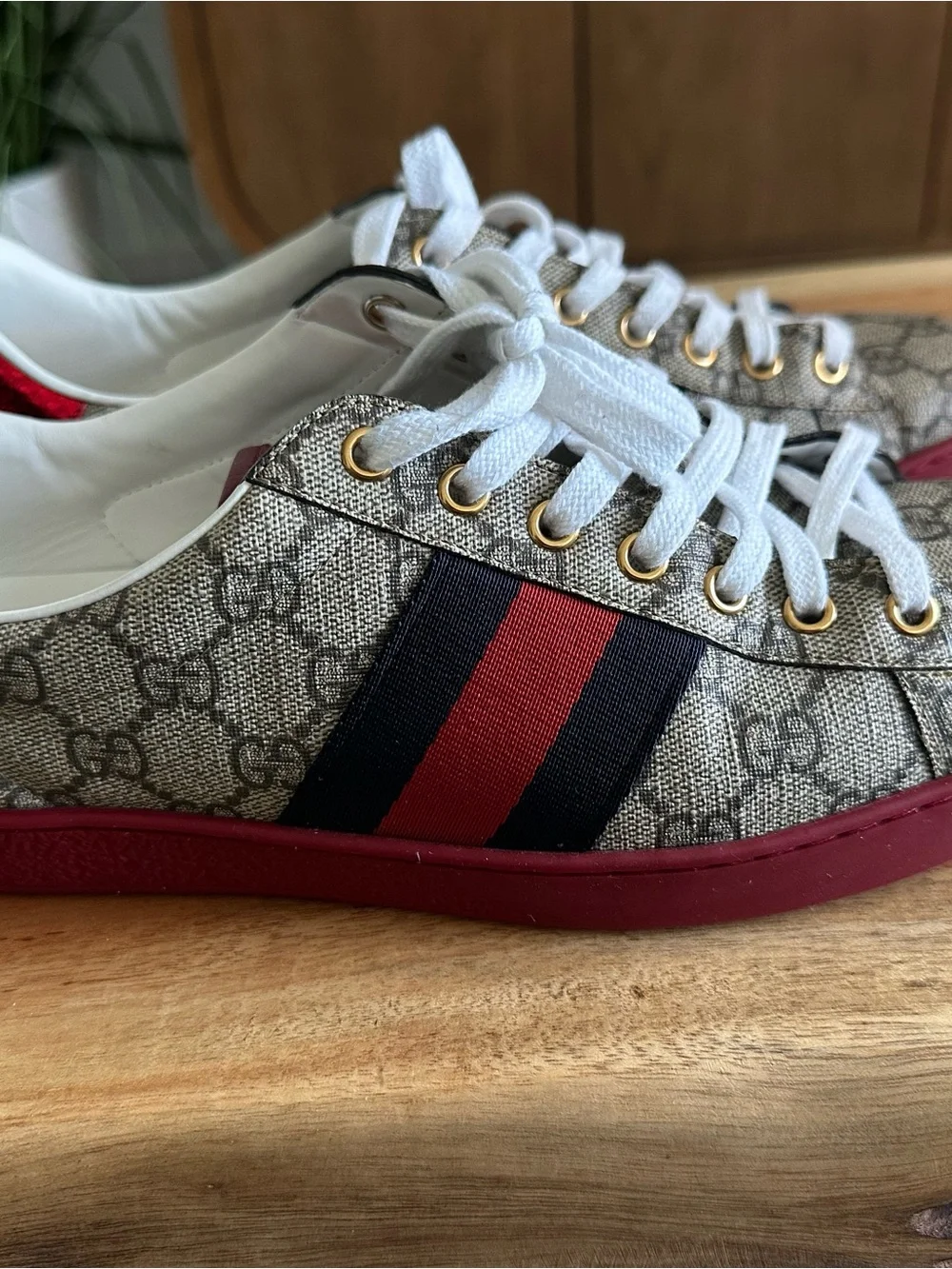 Gucci Beige GG Canvas Sneaker with Red & Navy Web Stripe